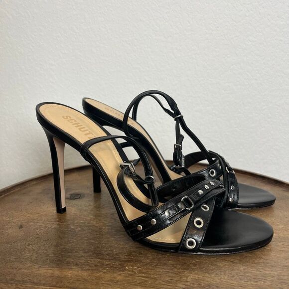 Schutz Patrizia Black Nappa Leather Stiletto Heeled Sandals Women's Size 10 - Picture 3 of 7